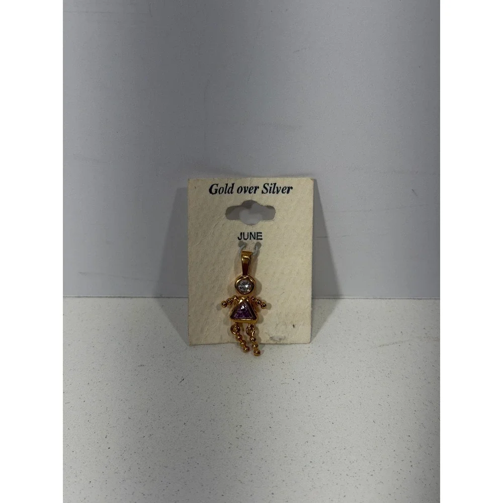 June Birthstone Girl Pendant Gold Over Silver Purple Stone Figure Charm 1 Inch